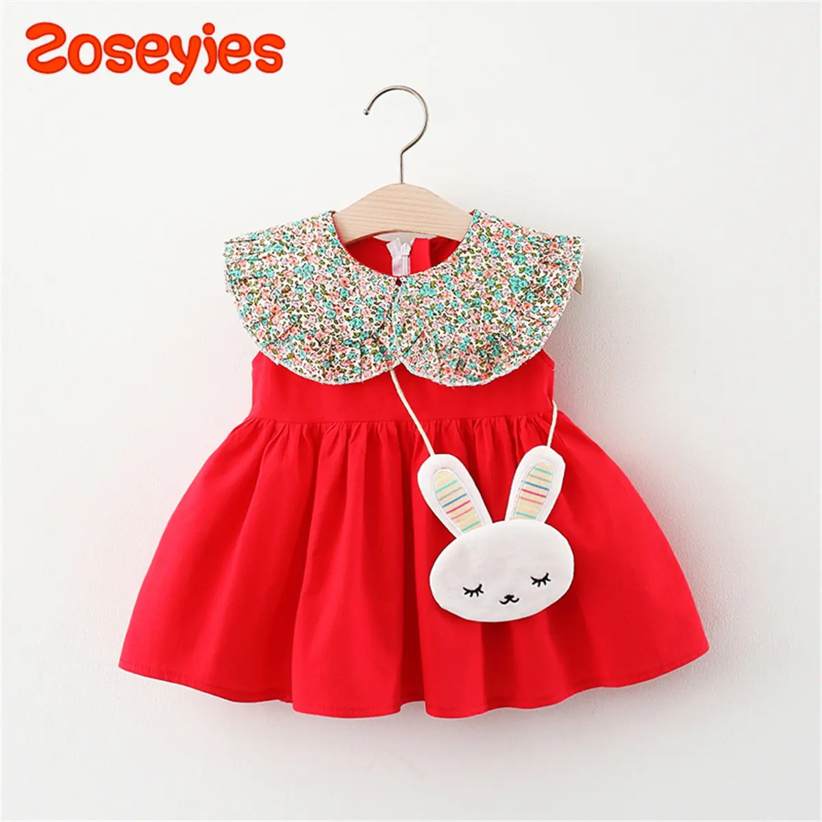 Summer Baby Girl\'s Dress New Floral Doll Collar Splice Sleeveless Daily Dress with Rabbit Bag