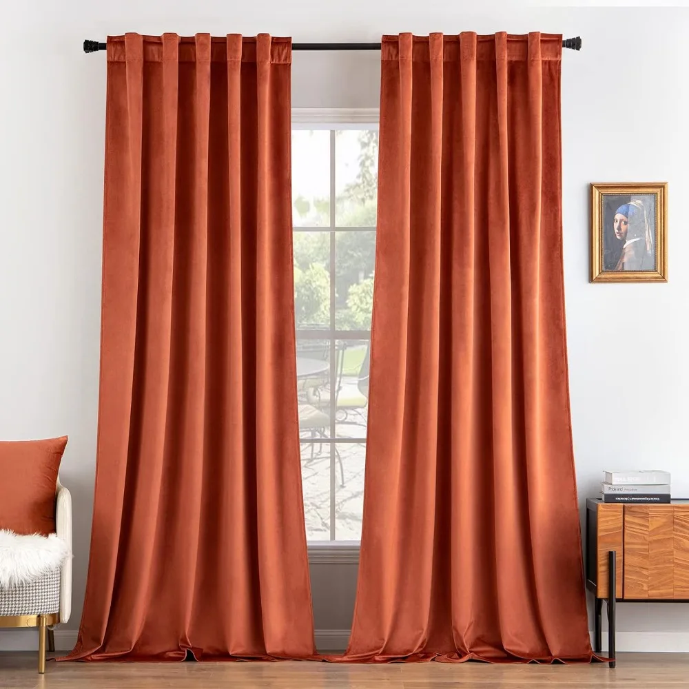 Velvet Curtains 108 inches Long 2 Panels - Luxury Burnt Orange Curtains for Bedroom Living Room Thermal Insulated Super Soft