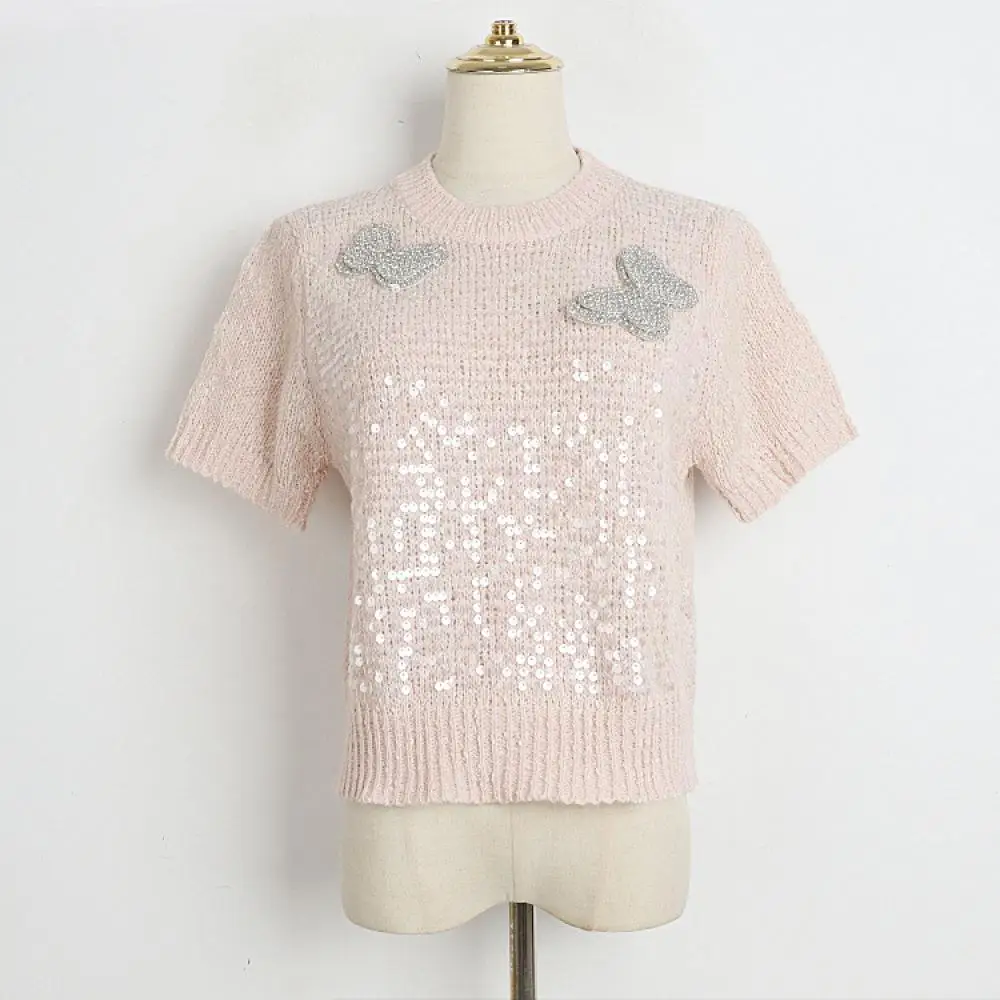 

Round Neck Short Sleeved Pink Full Sequined Knit T-Shirt 2024 Spring/summer New Fashion Butterfly Lazy O-Neck Top Tees Korean