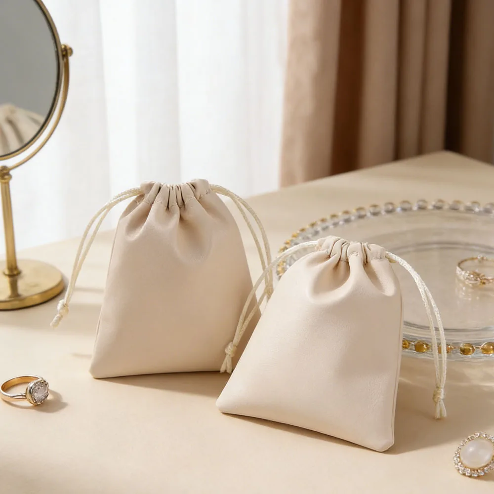 

10Pcs Beige PU Leather Jewelry Drawstring Bag Ring Watch Bracelet Pendant Organizer Luxury Display Storage Memorial Party Pocket