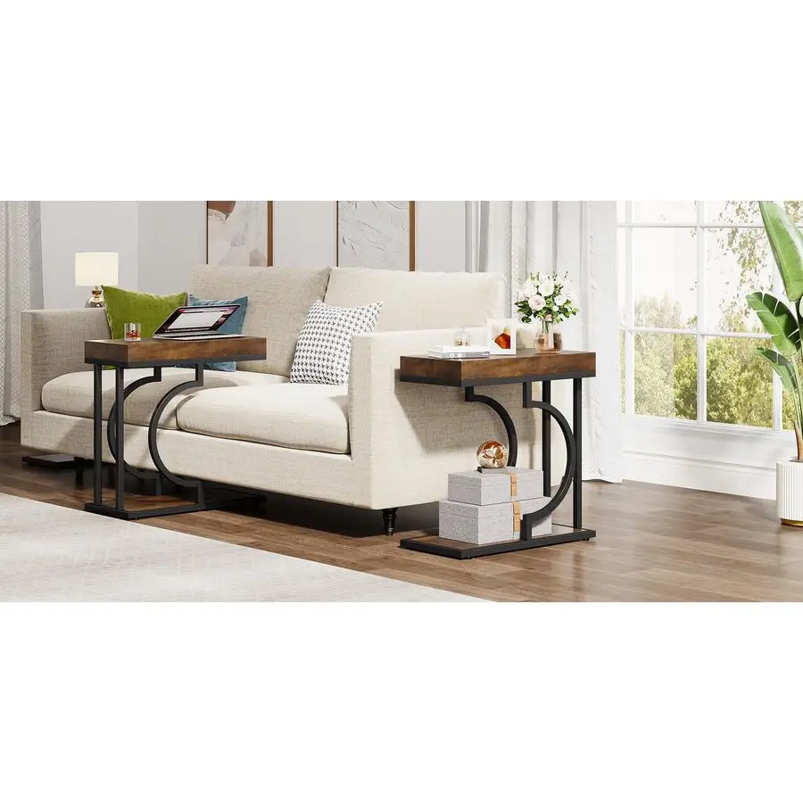 Side Table Set of 2 Narrow C Shaped End Table Modern Bedside Tables for Couch, Small Sofa Chairside Table with Metal Frame for L