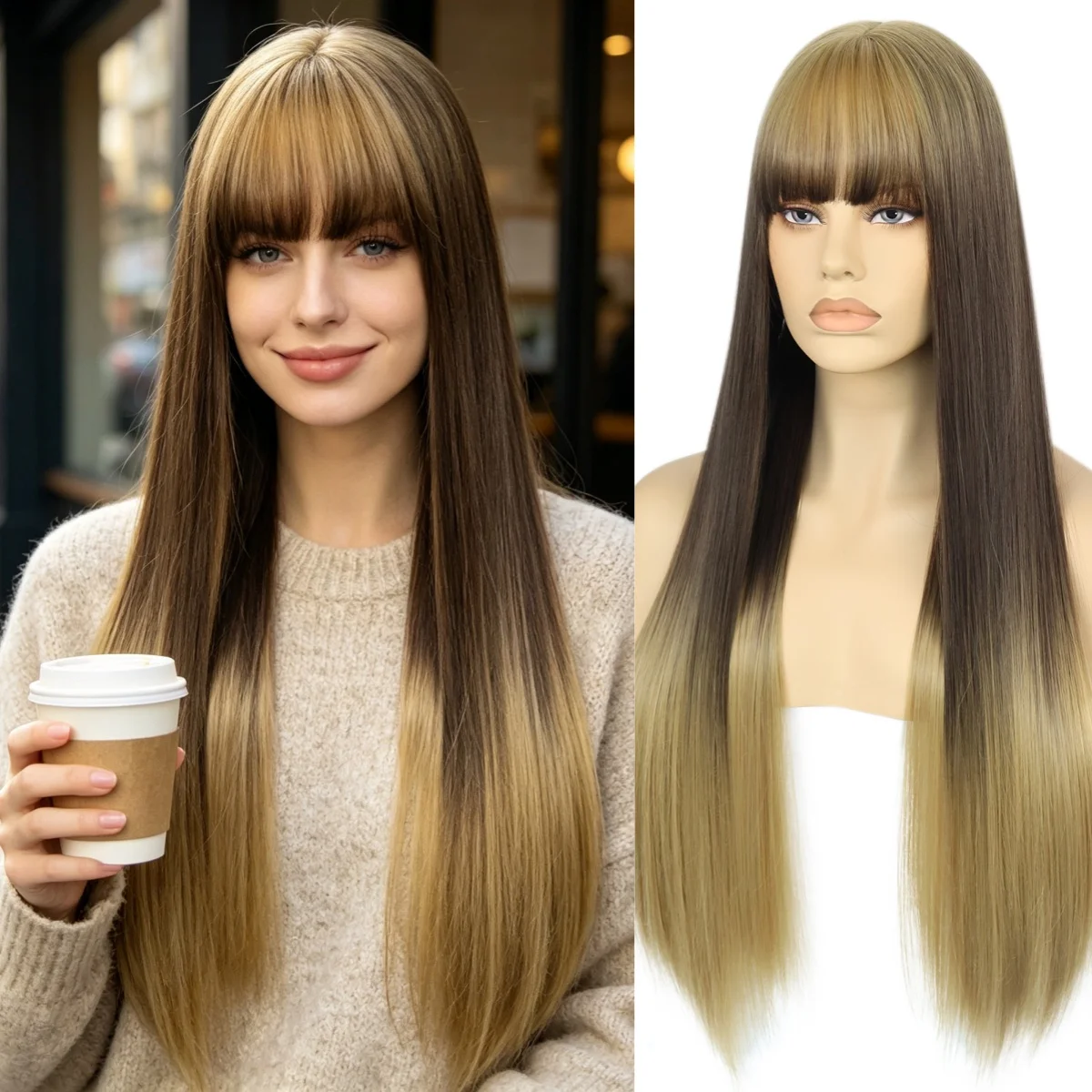 

Women’s Long Straight Ombre Wig With Neat Bangs Ombre Brown To Blonde Long Straight Synthetic Wig For Women Daily Party Wear