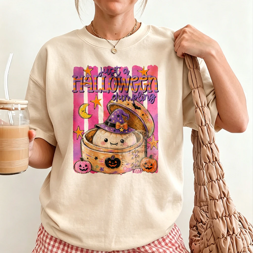 Just A Halloween Dumpling Graphic T-shirt Cute Witch Hat Dumpling Bamboo Steamer Pumpkin Moon Star Print Short Sleeve Party Tees