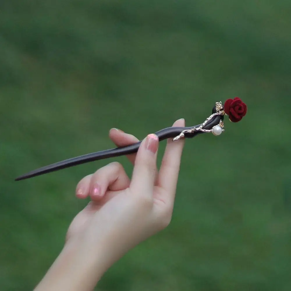 

Hanfu Hair Sticks Red Rose Chinese Hair Stick Retro Handmade Flower Hair Forks Wooden with Tassel Hair Bun Hanfu Party
