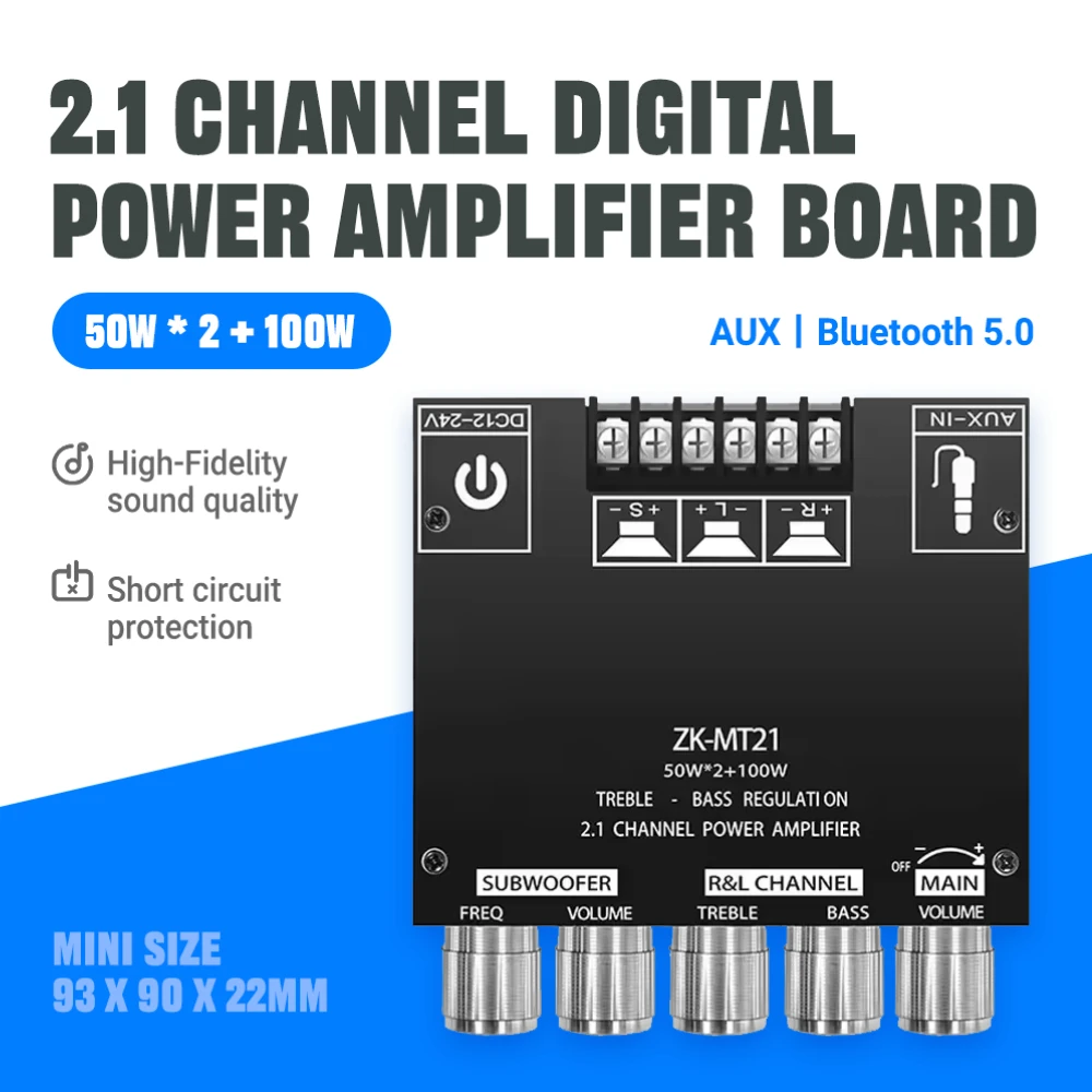 Mini 2.1 Channel Digital Amplifier Board ZK-MT21 Bluetooth 5.0 100W Subwoofer + 2x50W Stereo Output AUX Input 12V/24V 5A Power