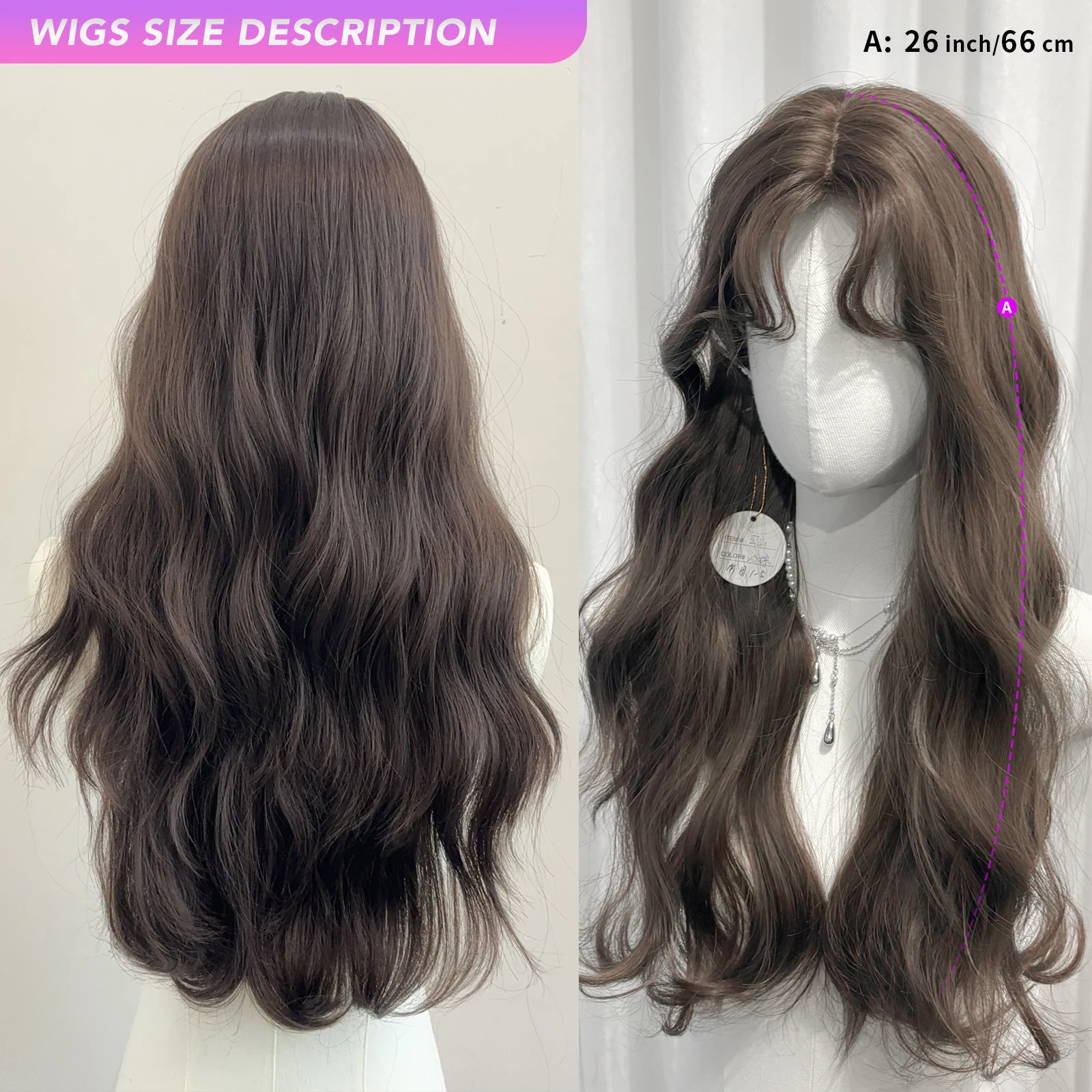MEISU 26 Inch Dark Brown Synthetic Wig with Water Wave Bangs Layered Heat-Resistant Smooth Hair for Women Daily Use And Party