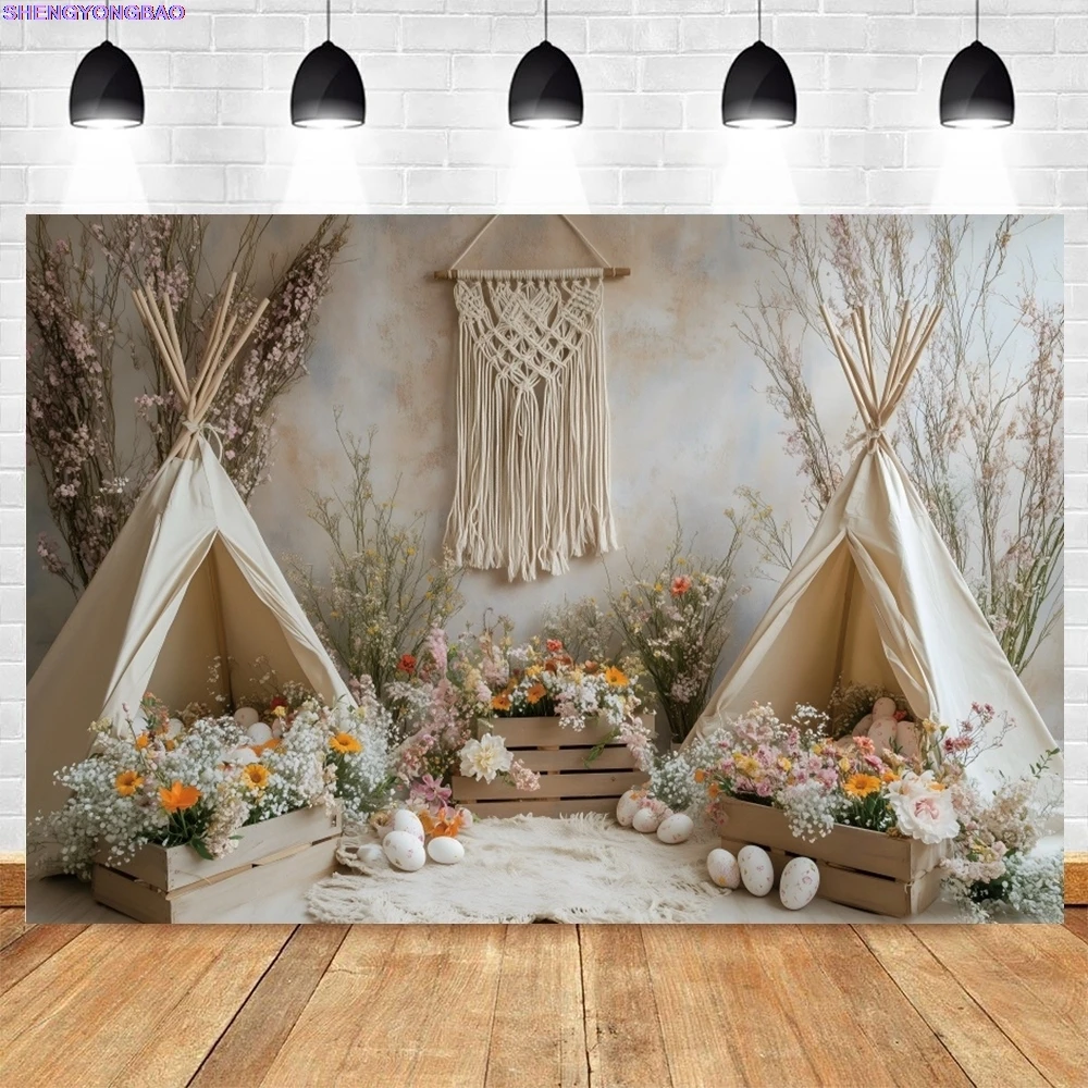 ربيع عيد الفصح التصوير خلفية بوهو زهرة خيمة الأرنب الملونة البيض أرنب الاطفال حفلة عيد ميلاد ديكور خلفية استوديو الصور