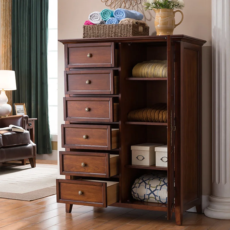 

Solid wood chest room storage cabinet American retro six chest cabinet with door log carved locker multi-function