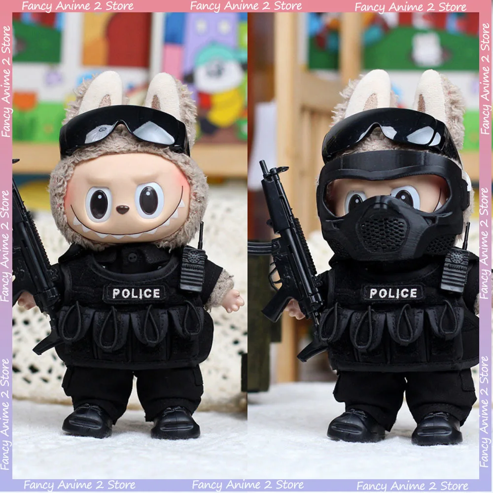 

Cool Police Shirt Trousers Belt Shoes Tactical Chest Harness and Mask Doll Clothes Outfit for V1 V2 V3 Labubu Mini Plush Doll