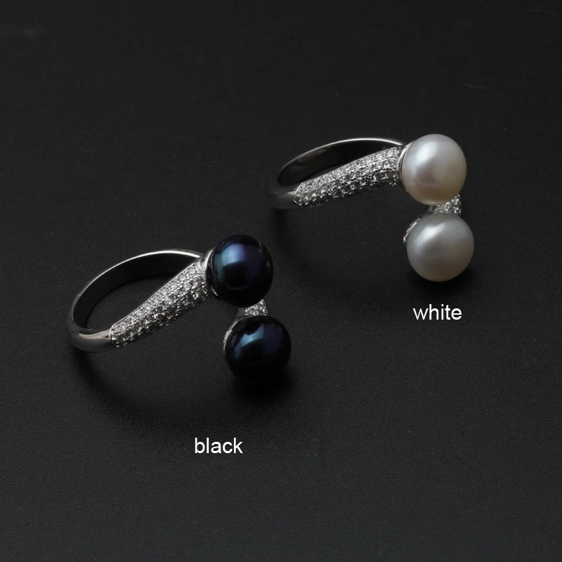 Real 925 Sterling Silver Double Pearl Rings Woman,White Natural Freshwater Pearl Ring Adjustable Wife Mother Anniversary Gift