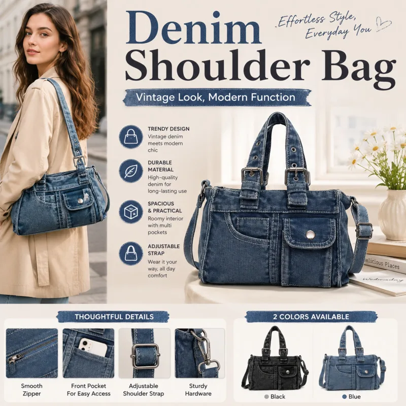 

Women Handbag Jean Denim Bag Vintage Washed Crossbody Bag Casual Shoulder Soft Messenger Bag With Zipper For Daily Commute New
