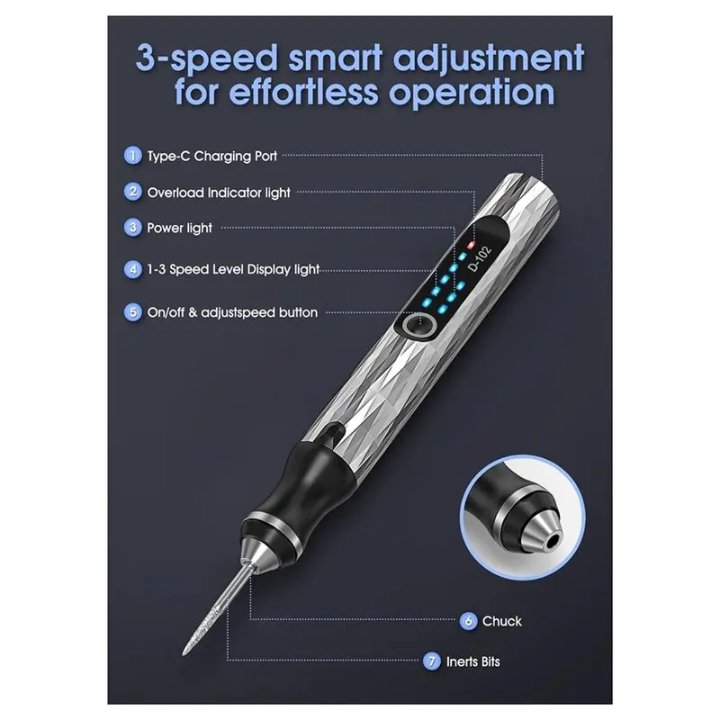 ABJO-USB Rechargeable Battery Powered Rotary Engraving Tool With 3-Speed Settings And 37 Accessories For Versatile Crafting