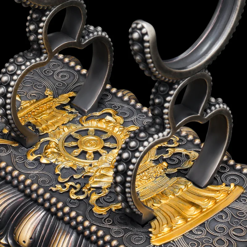 White copper five-pronged vajra ornament with base, two-tone gold and silver finish, suitable for display or as a desk decoratio