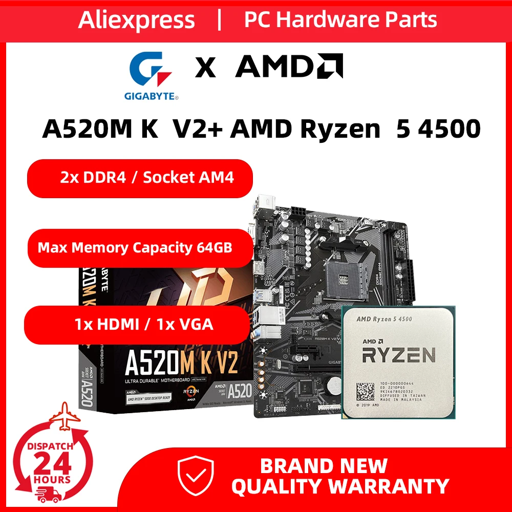 AMD Ryzen 5 4500 CPU and GIGABYTE A520M K V2 Motherboard kit 2*DDR4 Am4 Mainboard with R5 4500 6-core 12-thread Processor set