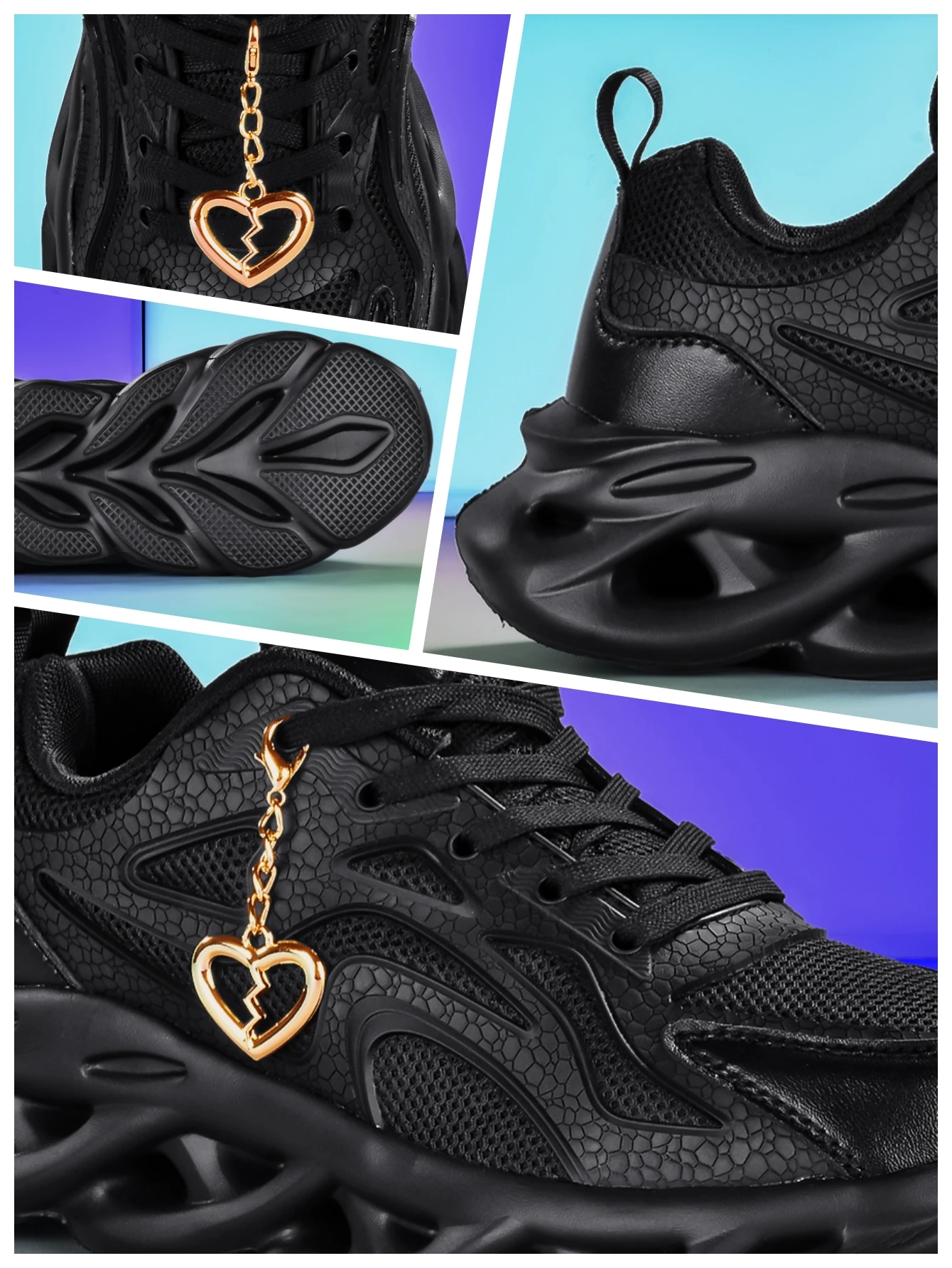 Women's 2026 New Style Dark Sweet-Cool Style Thick-Soled Dad Shoes with 5cm Height Increase, High Street Subculture Trend, Versatile Casual Sneakers, Breathable Mesh Fabric with Cracked Texture Leather Upper, Detachable Gold Heart-Shaped Metal Pendant, Flat Lace-Up Design, Eva Cushioning Hollow Wave Blade Sole, Unisex, Suitable for All Seasons, Student Daily Commute Street Fashion Shoes view 5
