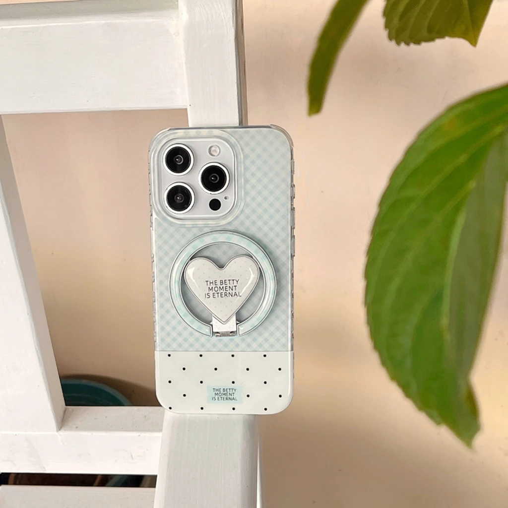 

Simple Blue Grid Pattern Wave Point Love Fold Hollow Out With Holder Magnetic Phone Cover Case for IPhone 16 15 14 13 Pro Max