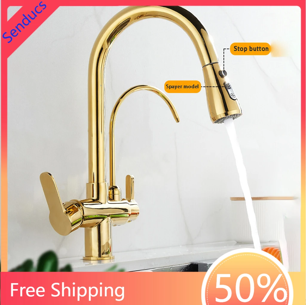 

Gold 3 Way Pull Out Kitchen Sink Faucet Hot Cold Mixer Tap with Filter Pure Water Pull Down Kitchen Faucet for Kitchen Sink