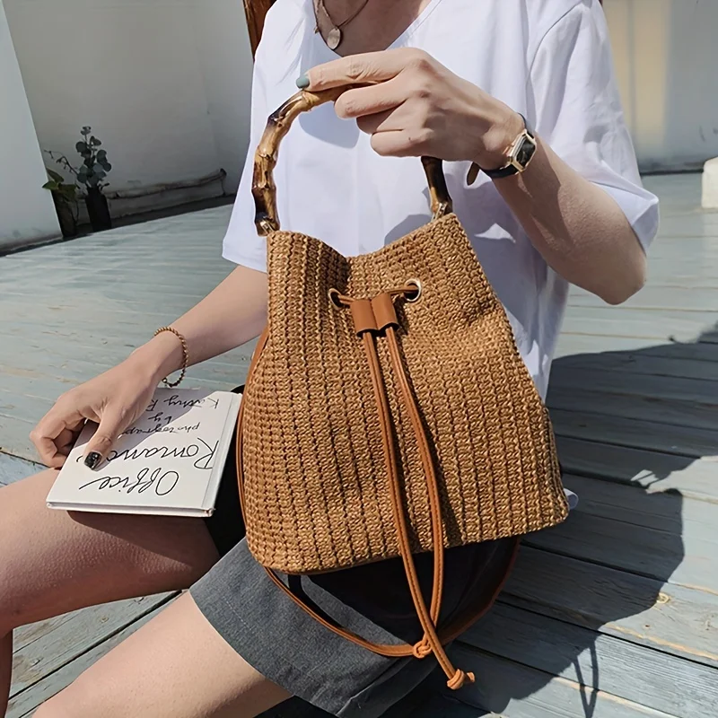

Straw Woven , Style Crossbody Bag, Bamboo Handle Bucket Bag For Travel Beach