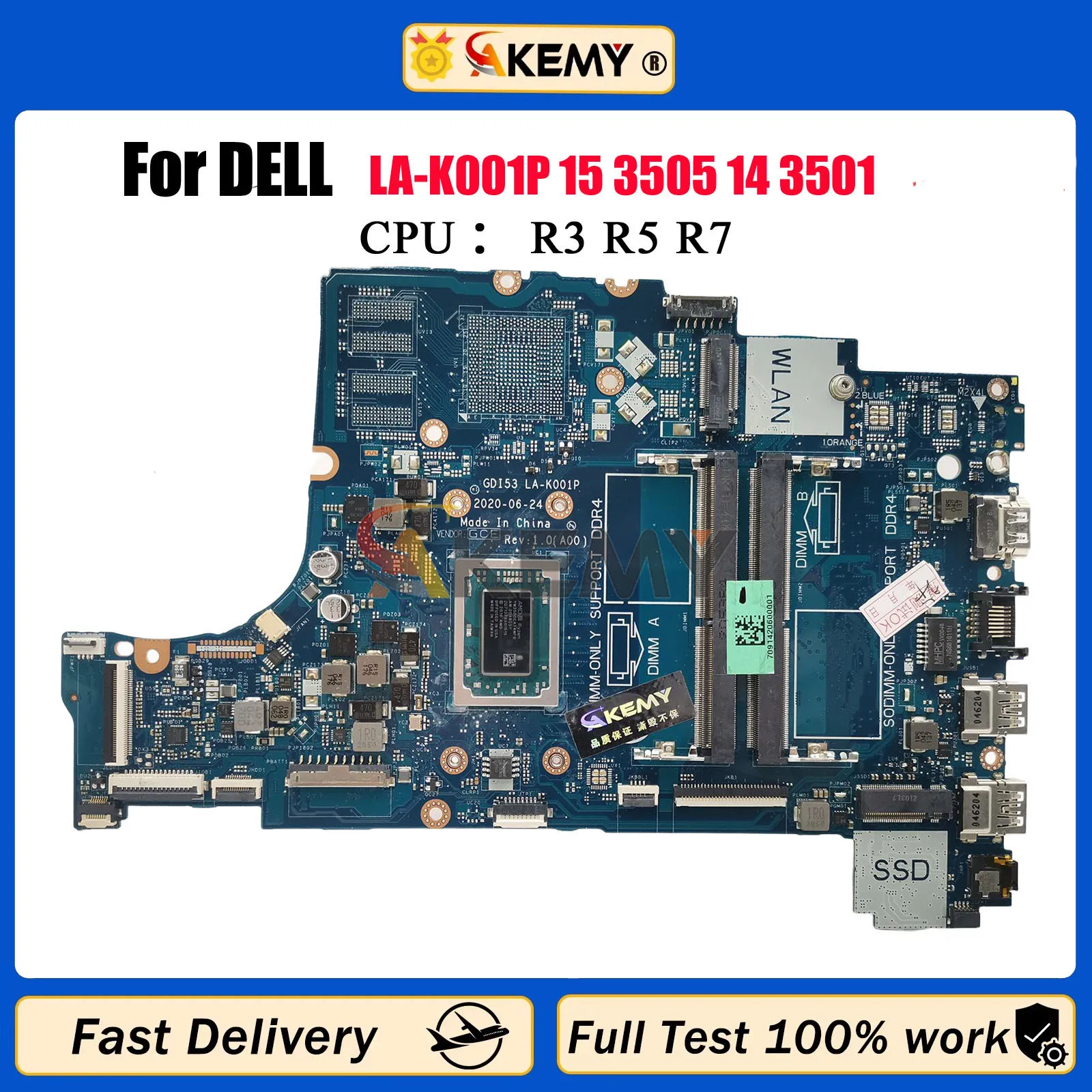 LA-K001P dengan Motherboard Laptop CPU R5 R7 untuk Mainboard Notebook Dell Inspiron 3505 0GWD64 0P92W5 05HPX6 100% Diuji OK