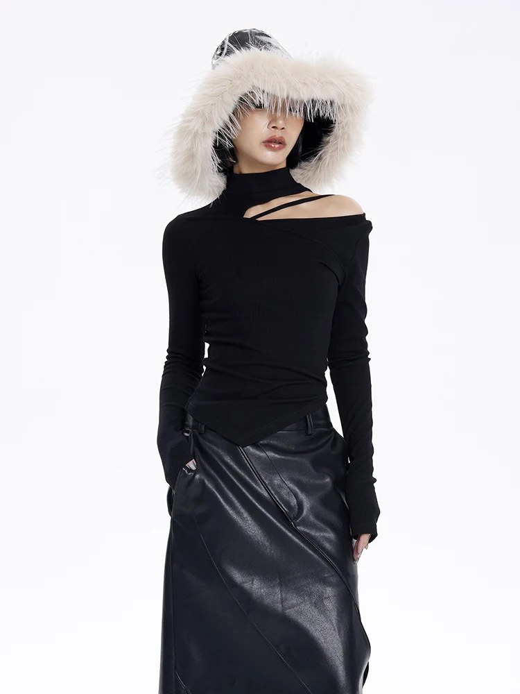 

Женская модная футболка с длинным рукавом и открытыми плечами, асимметричным подолом, базовый слой, зимняя коллекция