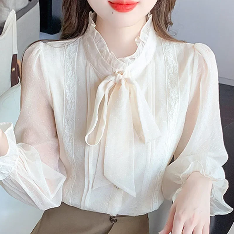 Fashion Long Sleeve Bow Collar Women Shirt Apricot Casual Chiffon Shirt Blouse Women Tops Blusas Mujer De Moda 2024 Blusa H548