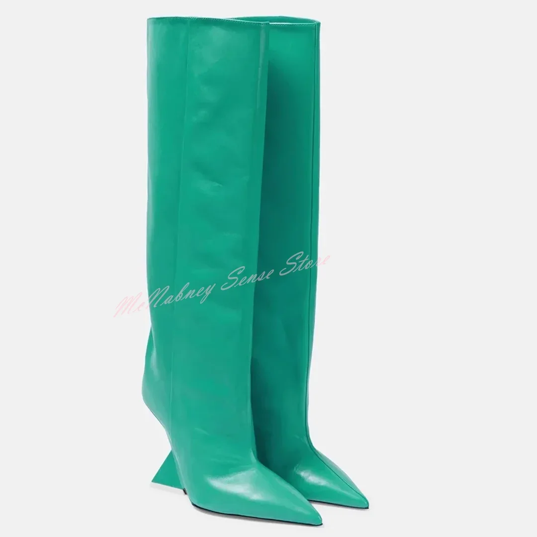 Strange Style Leather Boots Pointy Toe Solid Slip On Knee High Boots New Style Women Shoes Winter Autumn Sexy Runway Fashion