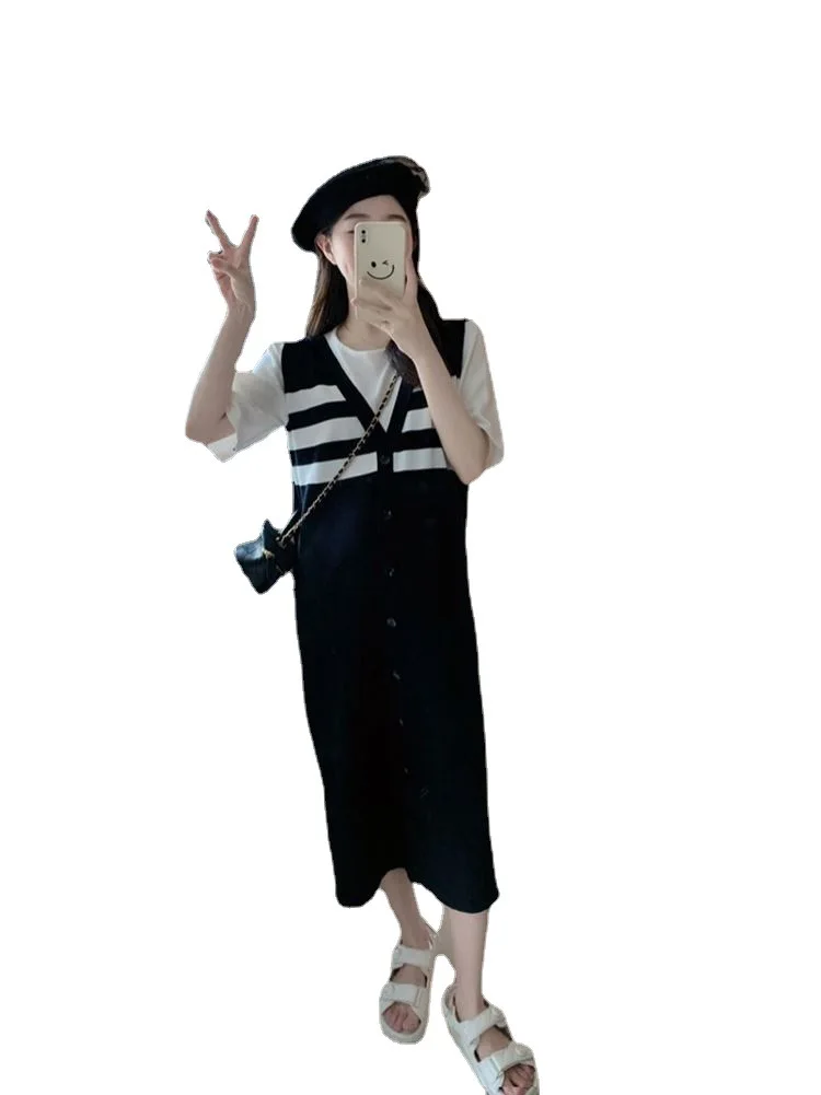 夏ルーズストライプ Tシャツロングドレス通勤スタイルルーズウエストレギュラースリーブポリエステル繊維ボディコンミッドレングスラウンドネック