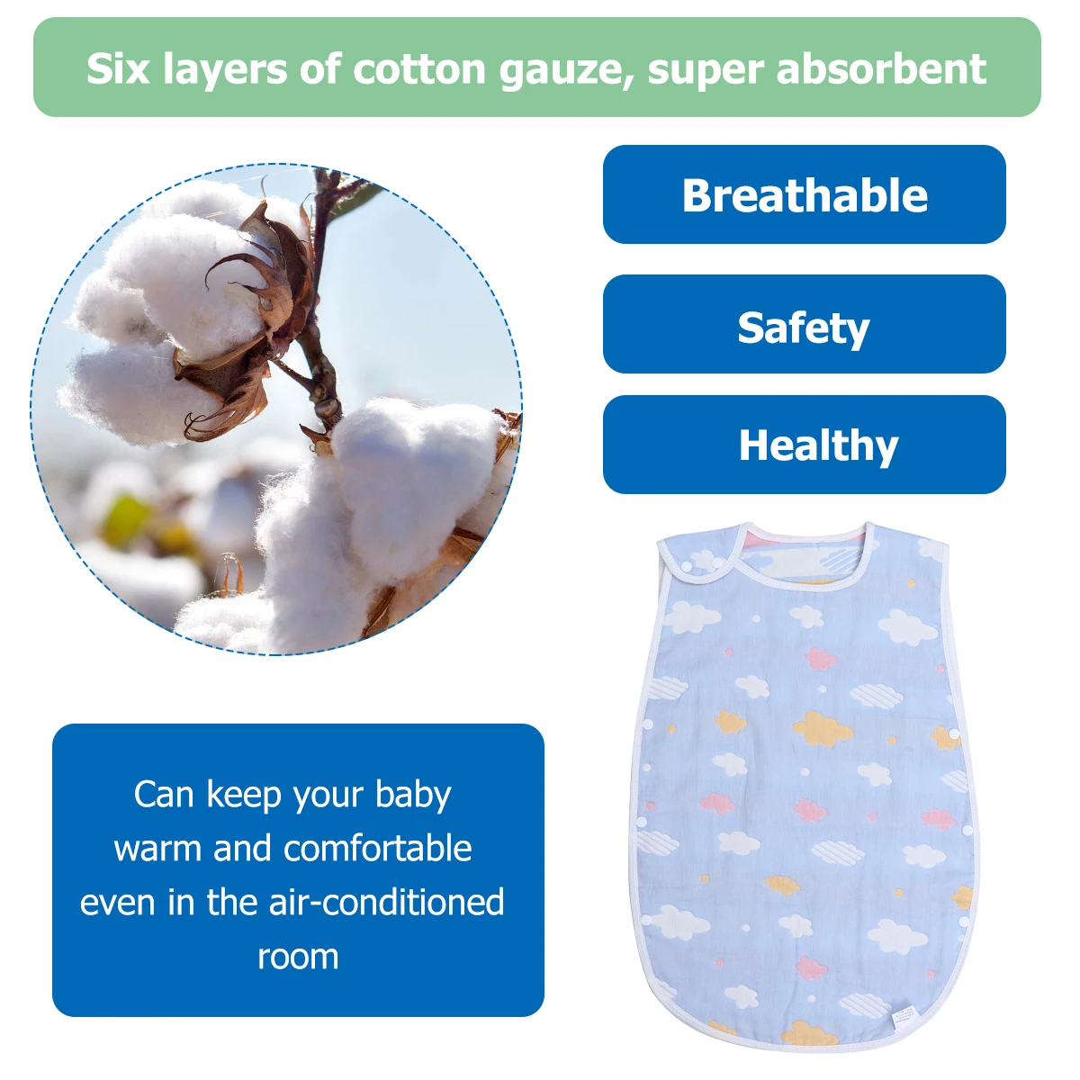 

Anti-kick Vest Newborn Baby Cotton Gauze Protective Bib 40x60cm Soft Absorbent Six Layers Practical Comfortable Clothes