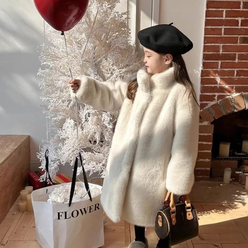 Kids' Faux Mink Winter Coat Longline Oversized Hooded Thickened Warm Fur Jacket for Big Toddler Girls Autumn Winter