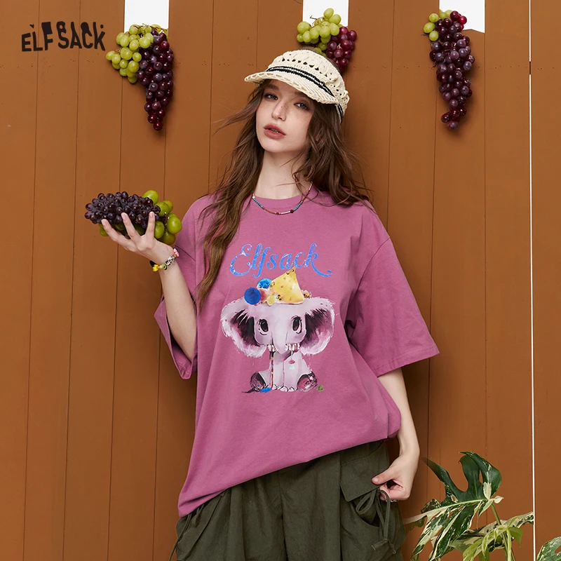 

ELFSACK Women's Cute Elephant Print T-Shirt, Crew Neck Short Sleeve Casual Tee, Loose Fit Graphic Top for Daily