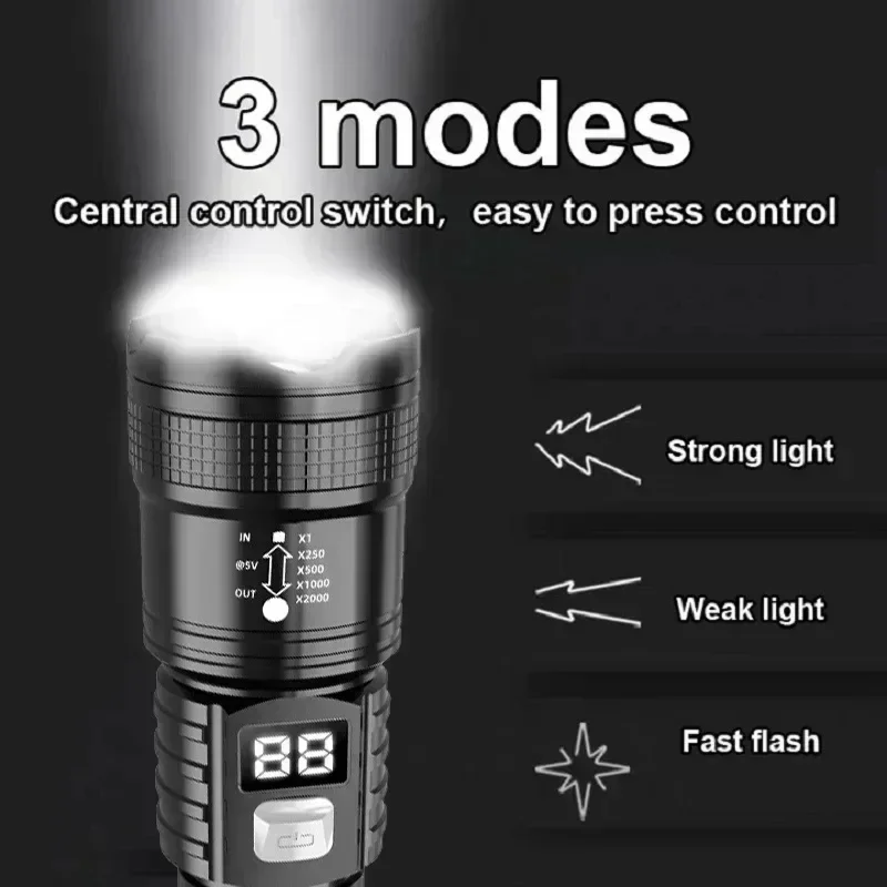 P50 High Brightness Flashlight LED Bead Digital Battery Display Telescopic Zoom Waterproof USB Portable Torch for Outdoor Use - view 2