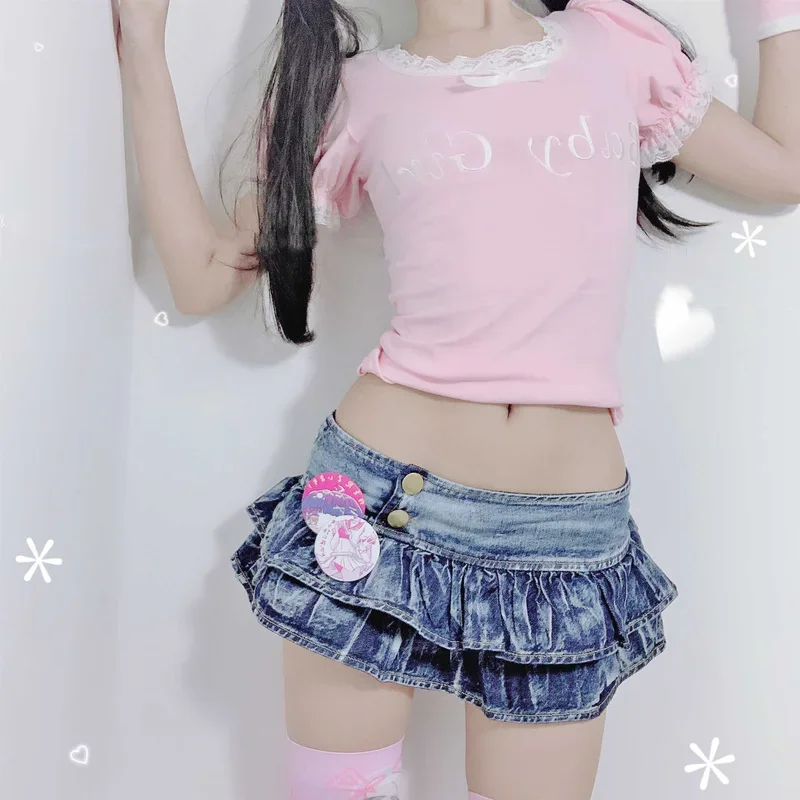 

Japanese Girl Pleated Super Mini Denim Skirts Low Waist A Line Bud Skirt Solid Night Club Party Wear Skirt Punk Style Lolita New