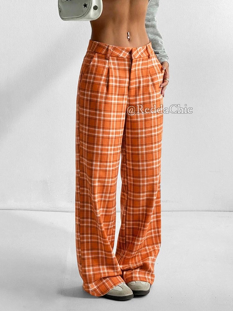 REDDACHiC Pantaloni scozzesi alla moda a gamba larga Pantaloni da ufficio vintage pieghettati sul davanti Tasche a vita alta Pantaloni svasati Salotto Abbigliamento donna