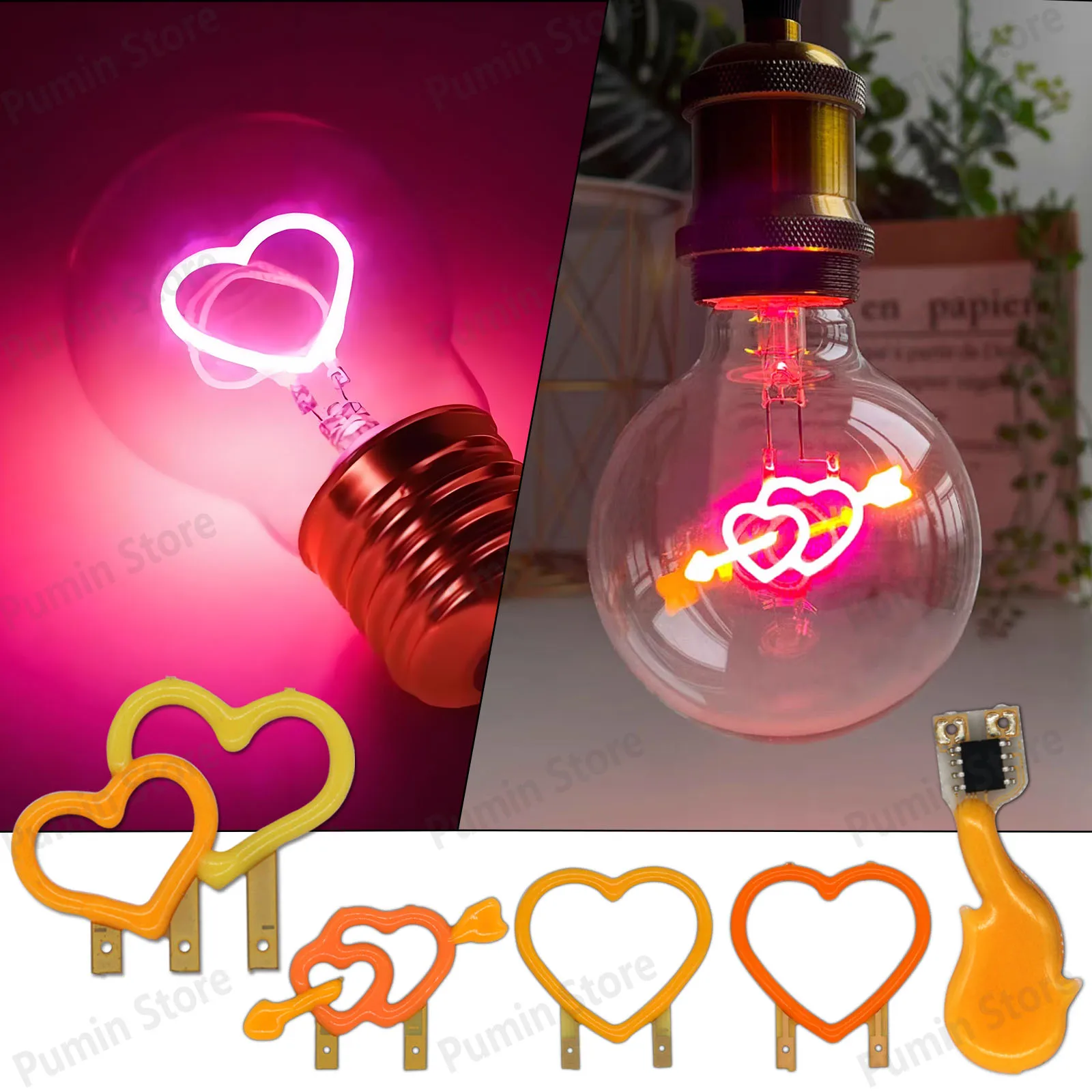 

LED filament Edison micro Diode Retro Filament Fire Flame shaped pink heart Cupid Arrow cartoon light bulb creative filament1pcs