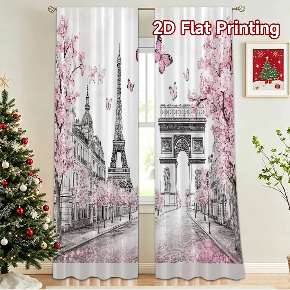 2D flat 2pcs Curtain Modern Minimalist Style Paris Spring Blossoms Scene Digitally printed polyester Festive Curtains Perfect