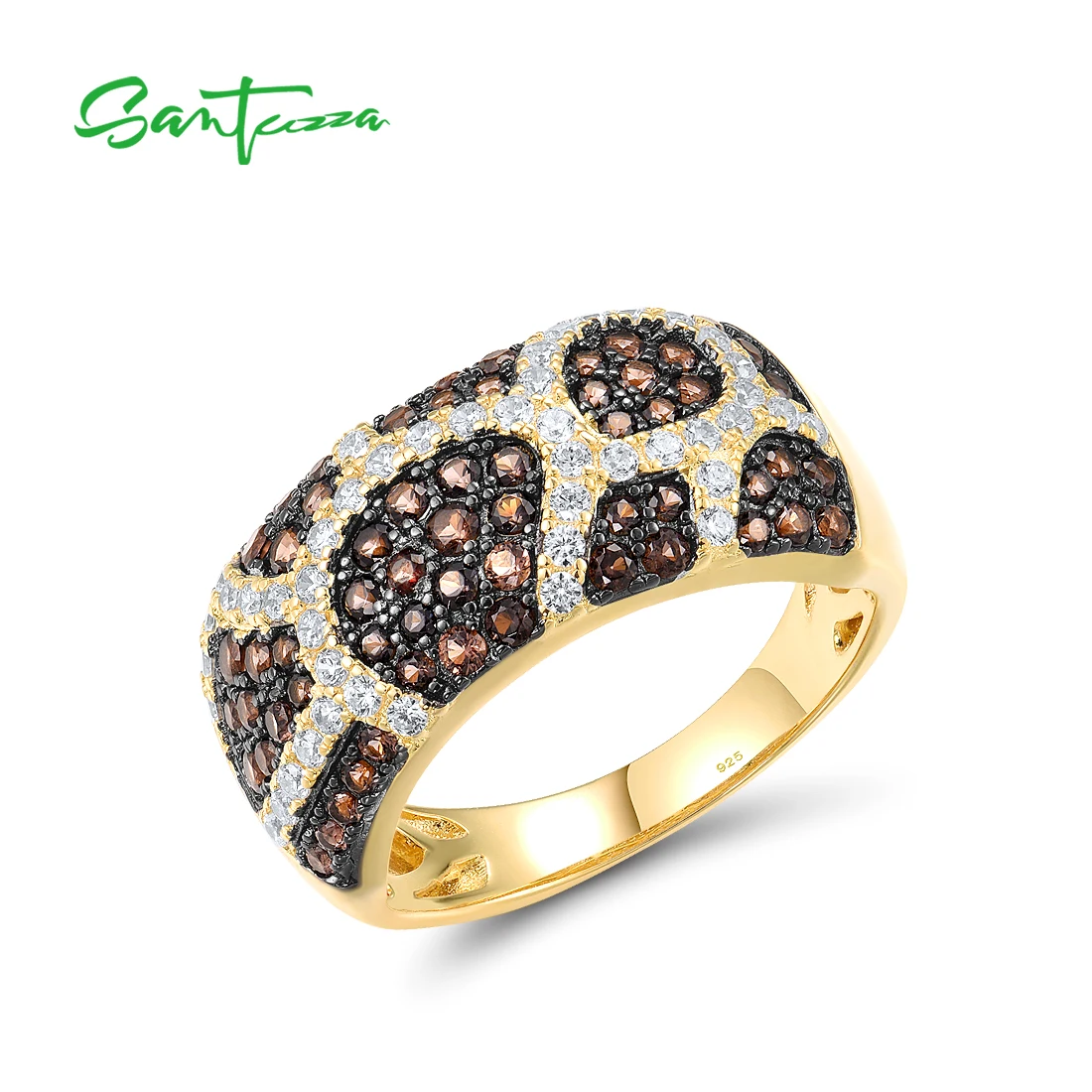 SANTUZZA Genuine 925 Sterling Silver Rings For Women Sparkling Brown Spinel White CZ Leopard Print Elegant Gift Fine Jewelry