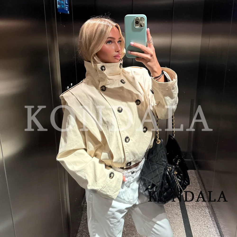 KONDALA Women Commute Stand-Collar Jacket Elegant Double-breasted Short Trench Coat 2026 Autumn Trendy High Street Chic Jacket