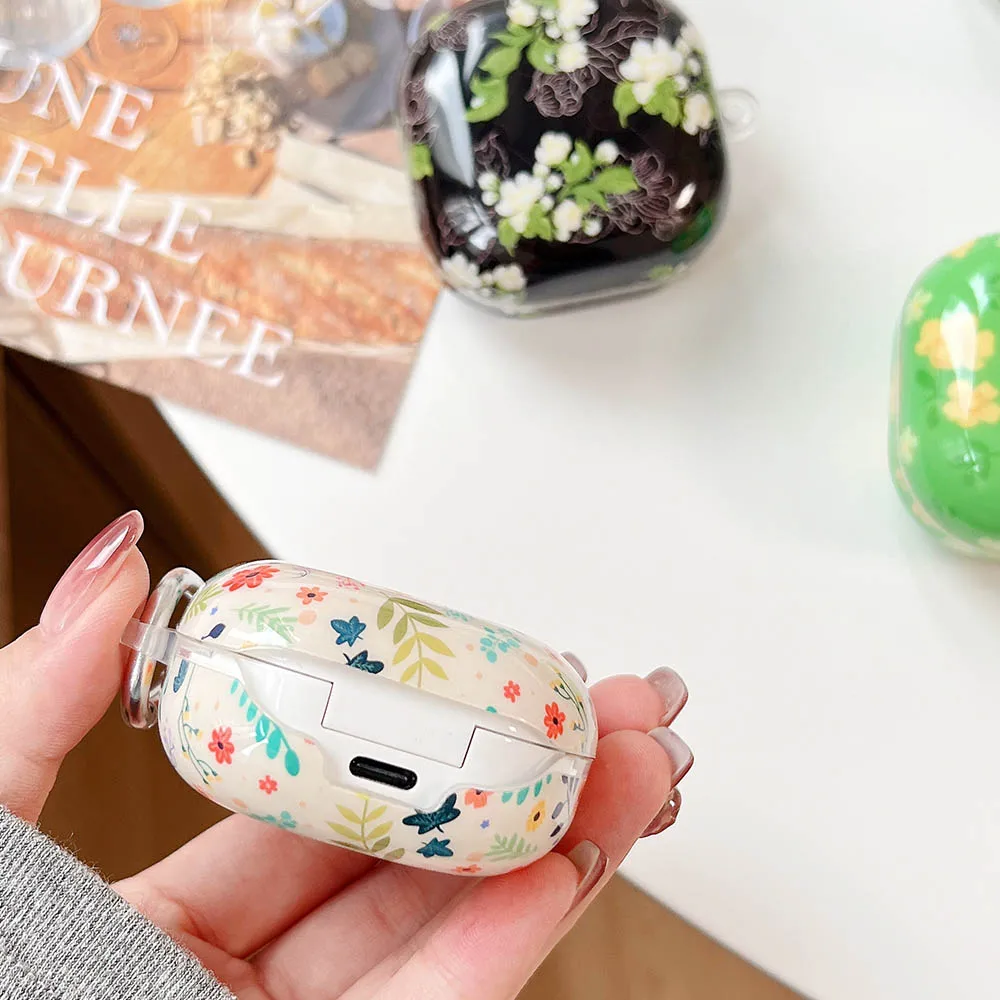 حافظة فنية على شكل زهرة ريفية لهاتف سامسونج جالاكسي براعم FE Buds Pro Buds2 Pro غطاء حماية لسماعات الأذن لهاتف Galaxy Buds Live Pro مع خطاف