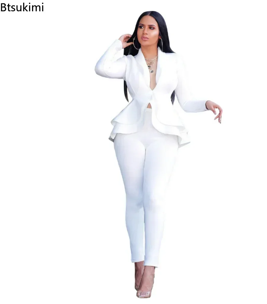 2025 Women\'s Formal Set 2PCS Tracksuit Full Sleeve Ruffles Blazers Pencil Pants Suit Two Piece Set Office Lady Outfits Uniform