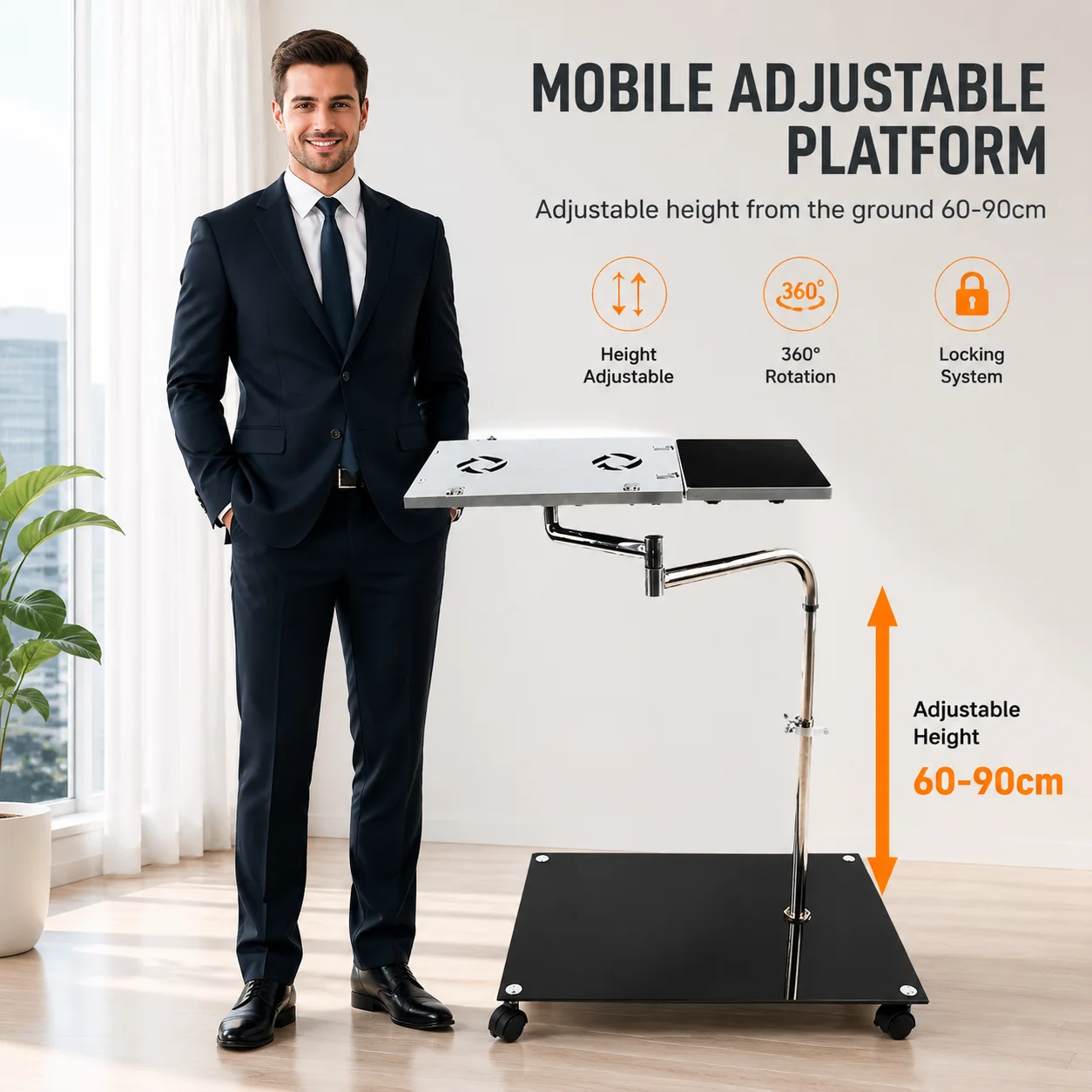 360° Rotating Bedside Desk with Brake Casters – ABS Tray, Aluminum Alloy Frame, Universal Lazy Table for Home Use