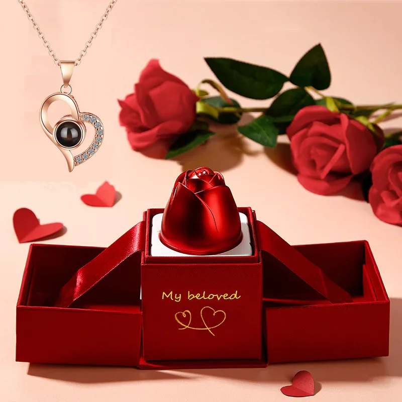 

100 Languages I Love You Projection Necklace With Rose Gift Box 2023 Fashion Luxury Pendant Jewelry For Girlfriend Best Gifts