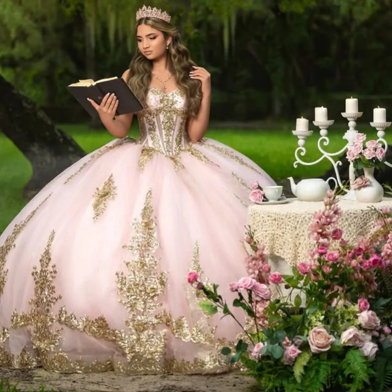 

Shiny light pink Quinceanera Dress Golden Crystal Glitter Decal layering Long tail Bow Vestidos De 15 Quinceanera ﻿Customize