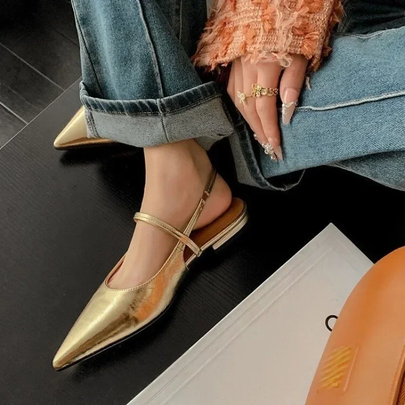 Fashion Pointed Toe Low Heel Women's Shoes 2024 Summer New Golden Elegant Outdoor Comfortable Women Sandals