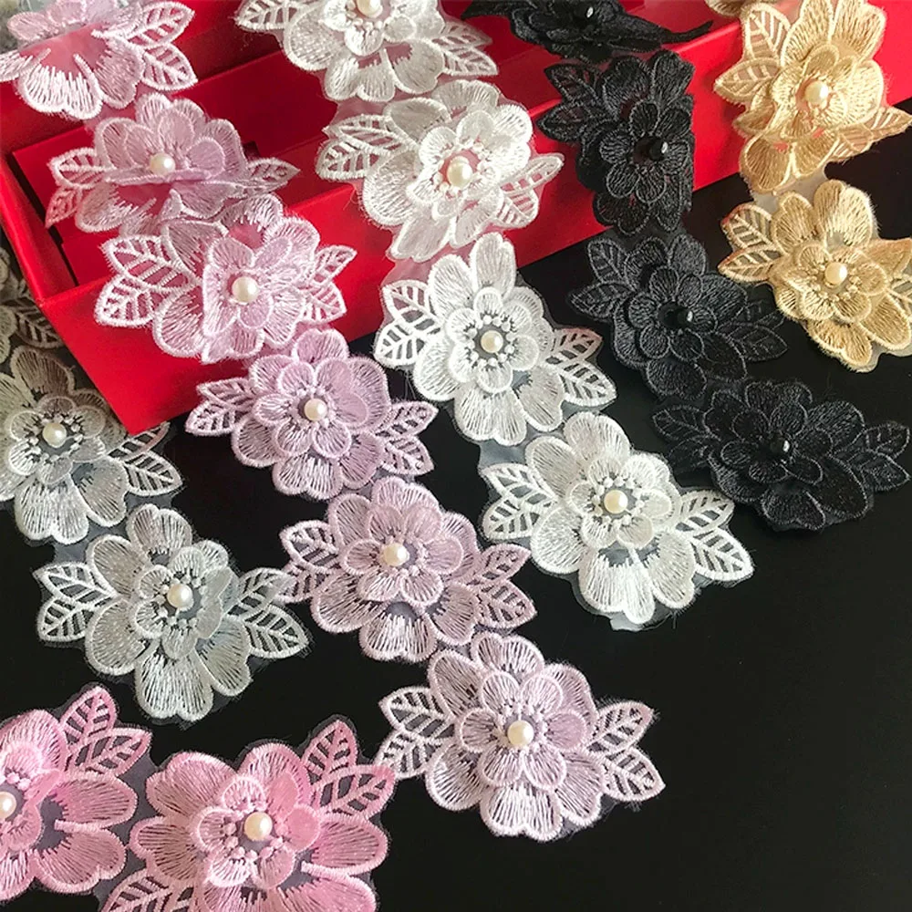 1Yard 3D Pearl Beaded Embroidered Lace Ribbon Stretchable For Vintage Collar Wedding Dress DIY Children's Costume Craft Supplies