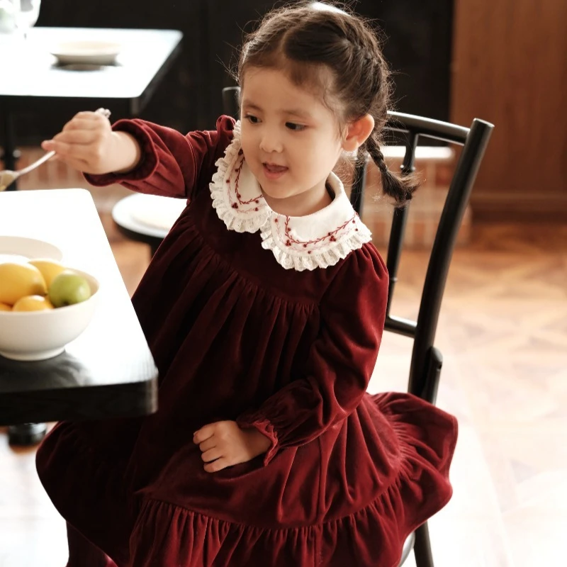 Ins شتاء جديد الفتيات المخملية فستان عيد الميلاد اليدوية طوق سميكة نسخة فستان زهرة الفتيات الحلو Smocking فستان #6