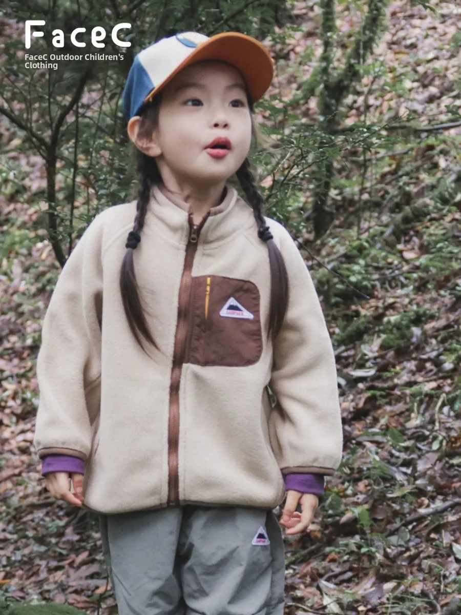 Outdoor Fleece Jacket for Girls Anti-Wind Spring Autumn New Style Color Block Design Polyester Fiber Regular Thickness Zipper...