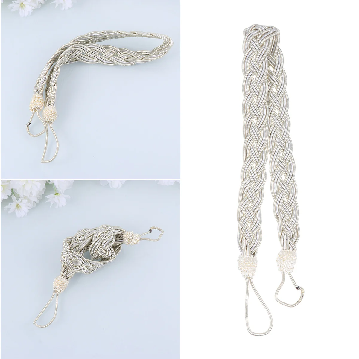 

2Pcs Braided Curtain Tiebacks Woven Drapery Holdback Rope Strap Simple Elegant Design for Living Room Black and White