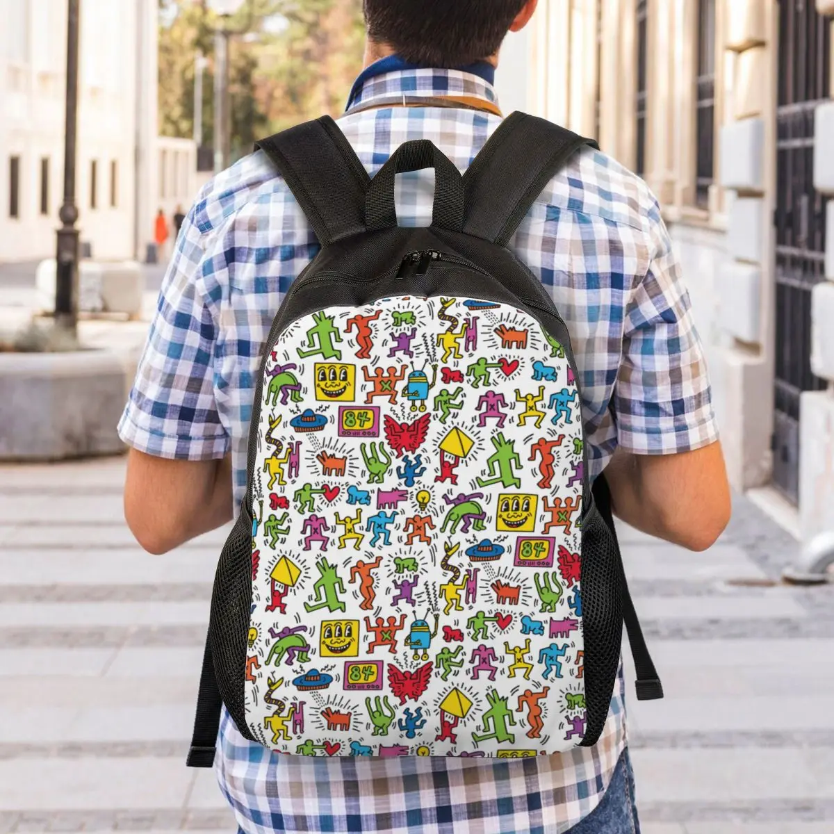 Custom Kaleidoscope Colors Three Eyed Face Haring Dance Backpacks for Women Men Water Resistant College School Bag Print Bookbag