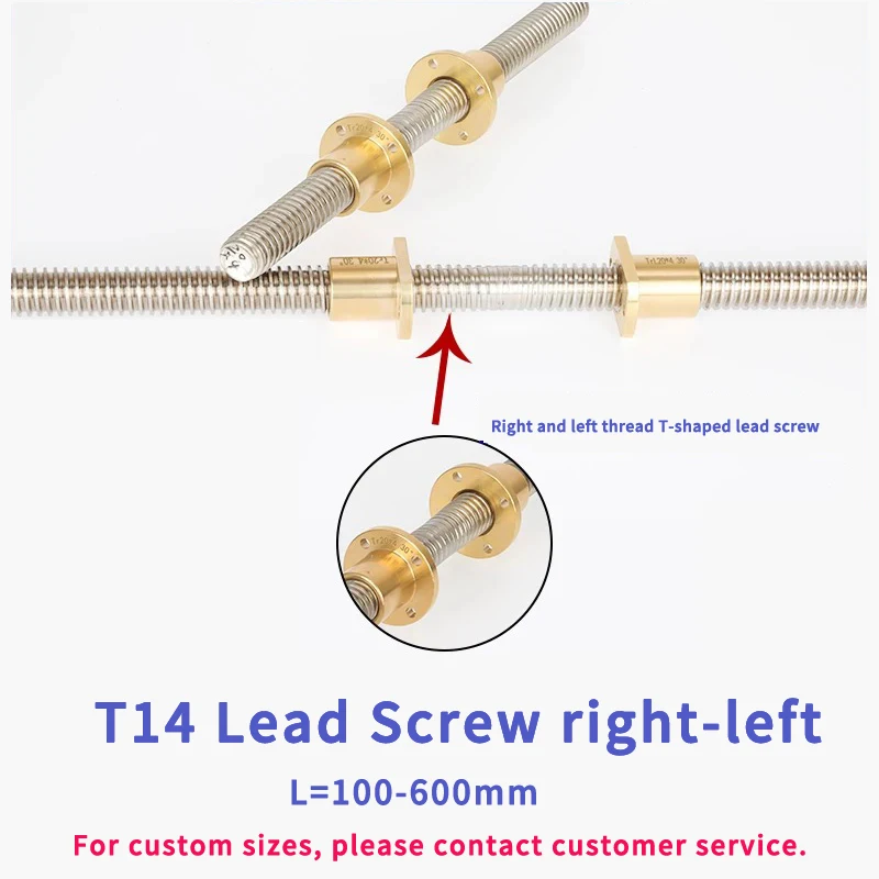 T14 Stainless Steel Right/Left-Hand Trapezoidal Lead Screw with Brass Nut, L100-1000mm, OD 14mm, Lead 3mm, for 3D Printer Parts.