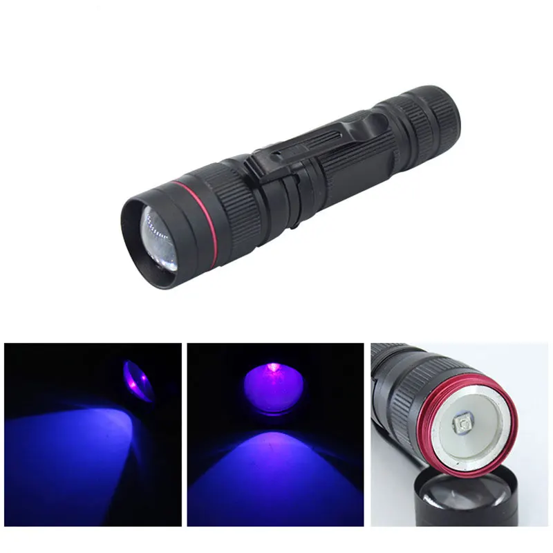 กีฬากลางแจ้งไฟฉาย UV 395nm สีม่วงโลหะอลูมิเนียมไฟฉายขนาดเล็ก Telescopic Focusing ของเล่นอุปกรณ์เสริม RG17